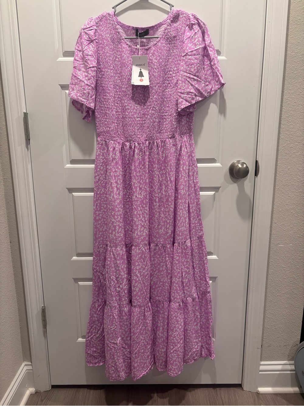 Zessica Lilac Floral Smocked Tiered Maxi Dress with Puff Sleeves